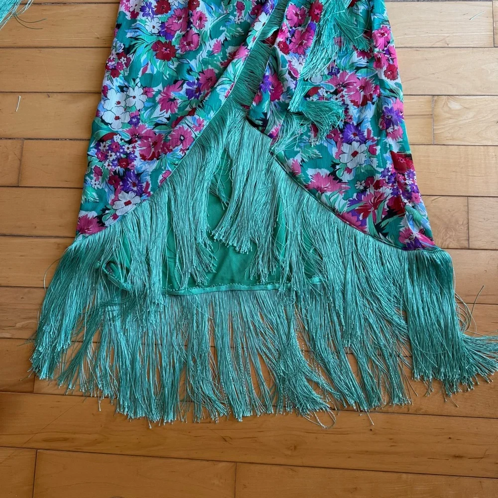 Nasty Gal Teal Floral Wrap Midi Dress with Fringe Size US 6 - Picture 4 of 10